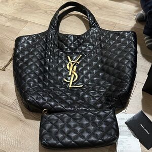 Saint Laurent Black Quilted Tote with Gold Logo( I Care Tote bag )